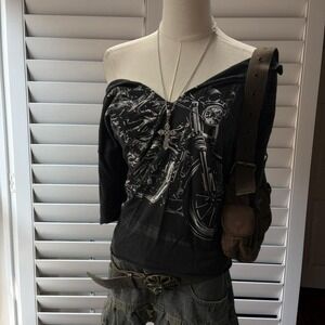 Vintage motorcycle graphic off-shoulder tee ☆
